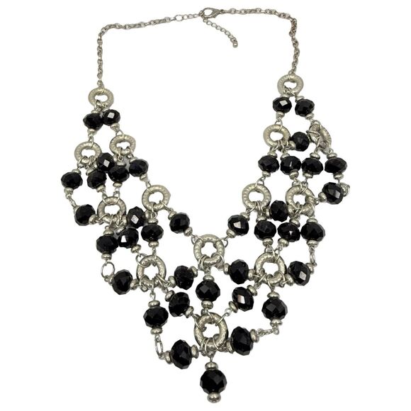Sparkly Black Beaded Drape Necklace 21" Statement Bib Silver-Tone Formal Jewelry - Picture 7 of 11